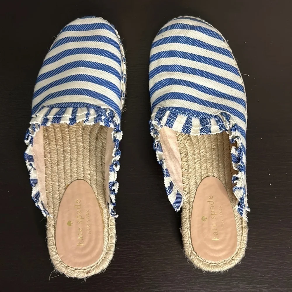 Kate Spade Laila Espadrille Blue White Striped Ruffle Mule Shoe Sz 9.5